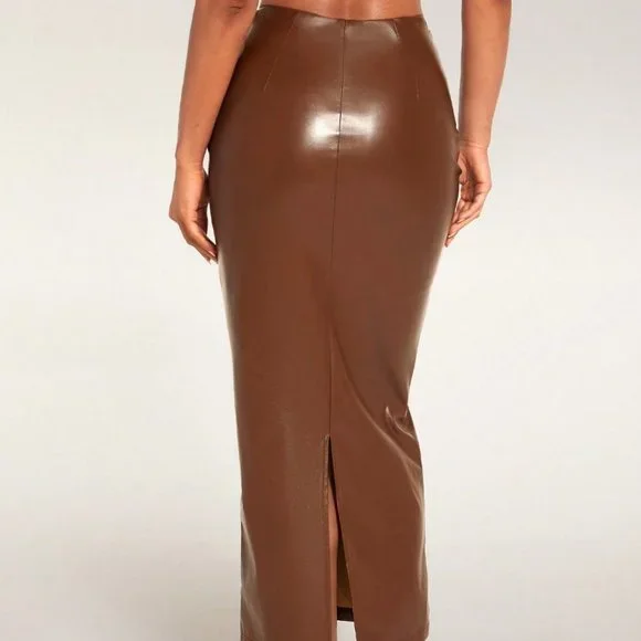 Coffee Brown Preppy Womens High Waist PU Leather Pencil Skirt - Picture 2 of 5